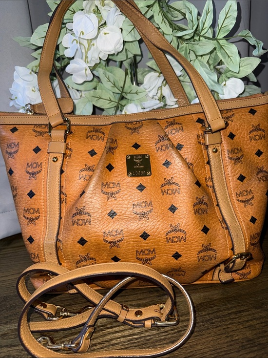 MCM Handbags - MCM leather Cognac Visetos Logo Tote with Detachable Strap
